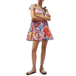 Peter Som Anthropologie Pink Red Floral Tie Strap Tiered Mini Dress Size XS